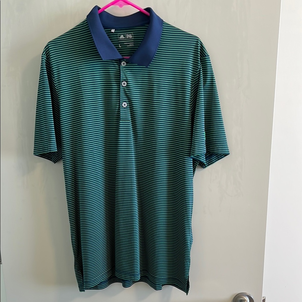 Adidas - Green and Blue Striped Polo Shirt with Short Sleeves